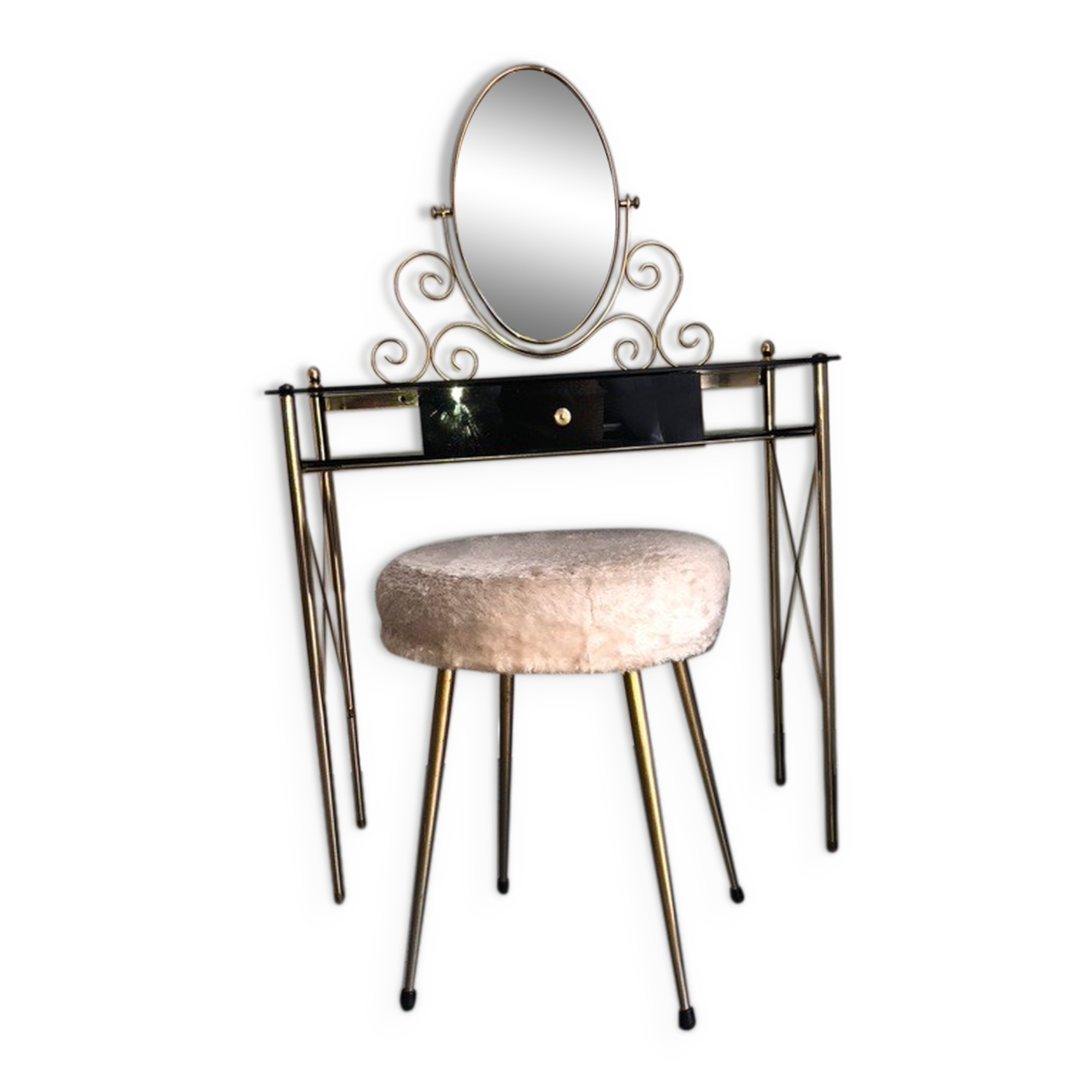Brass hairdresser, glass and black plastic with its fluffy stool.
