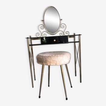 Brass, glass and black plastic dressing table with its moumoute stool