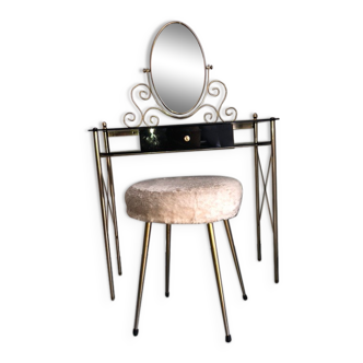Brass, glass and black plastic dressing table with its furry stool