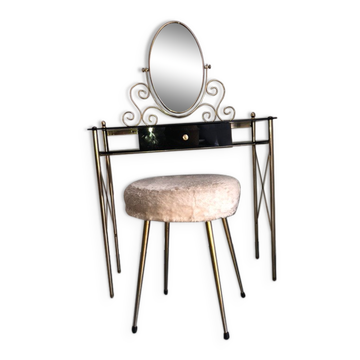 Coiffeuse laiton , verre et plastique noirs avec son tabouret moumoute