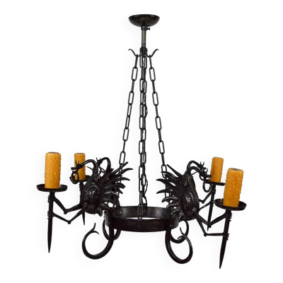Lustre aux dragons en fer forgé, Italie, circa 1900