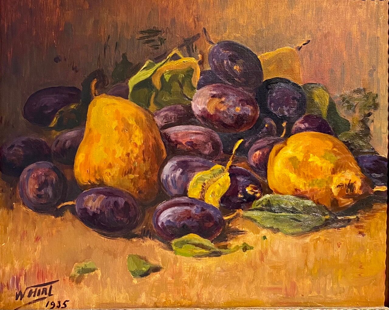 Still life with quetsches and pears signed and dated 1935