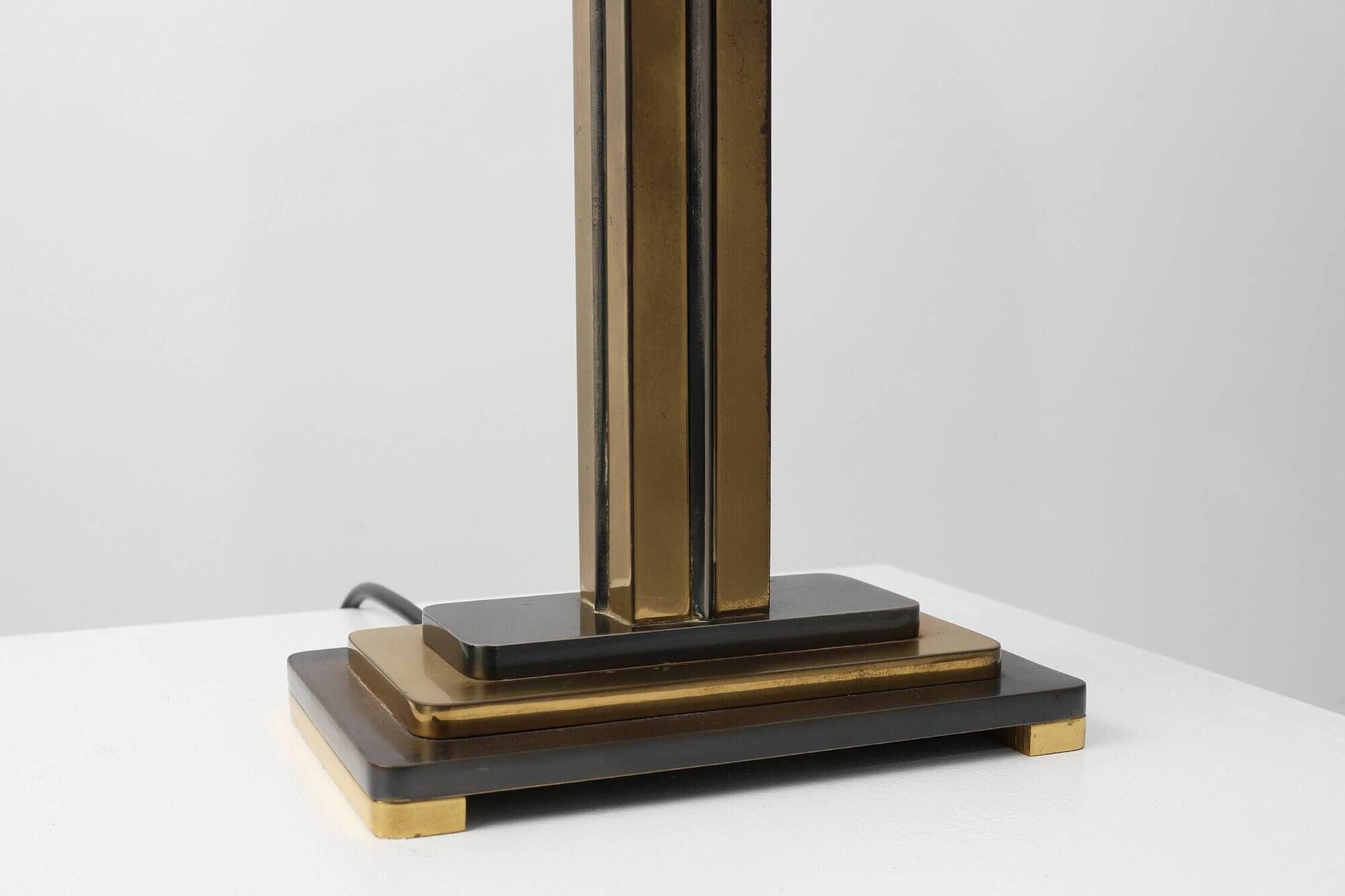 Brass table lamp with black rectangular shade by Deknudt, Belgium, 1970s