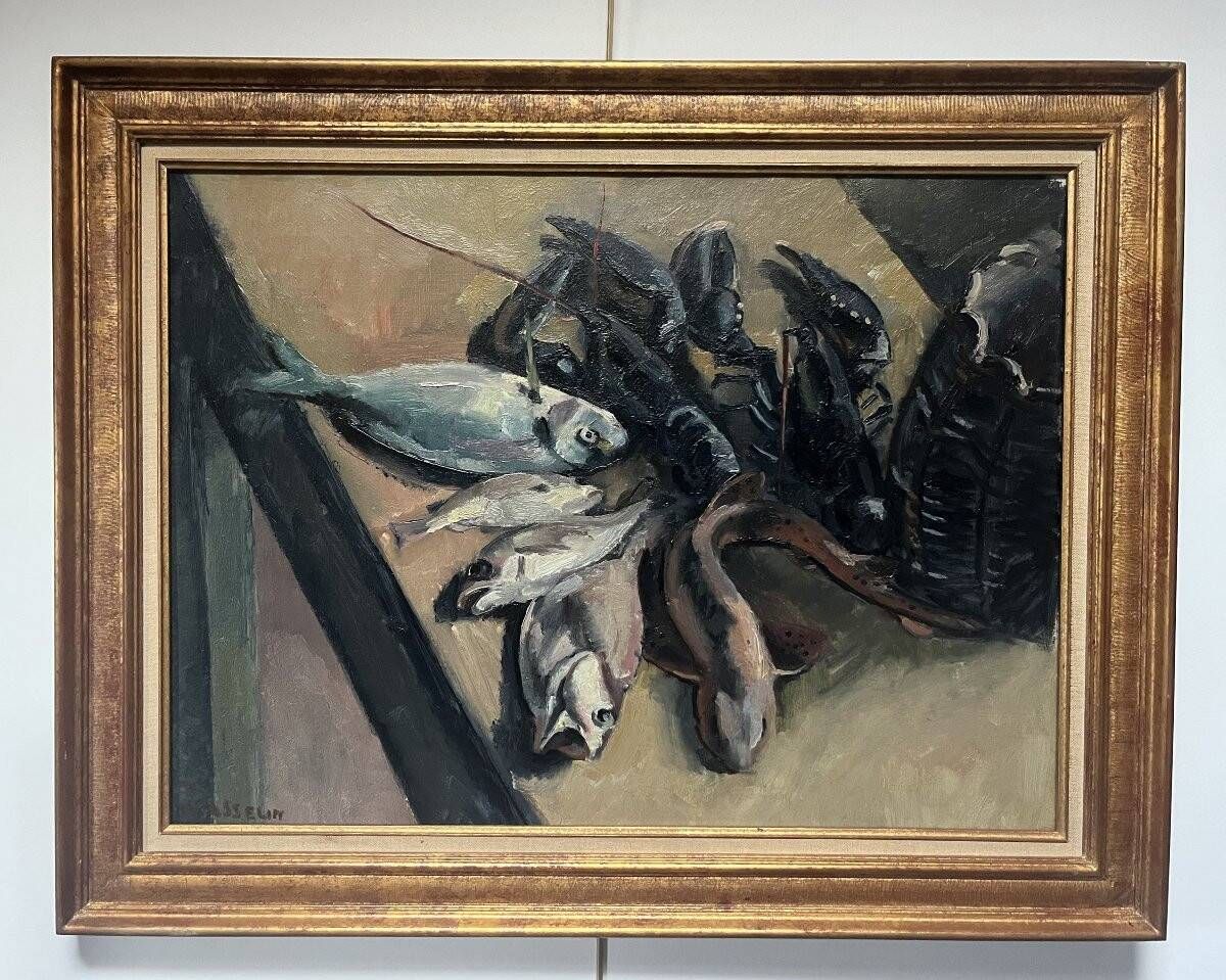 Still life with lobsters and fish, oil on canvas signed
