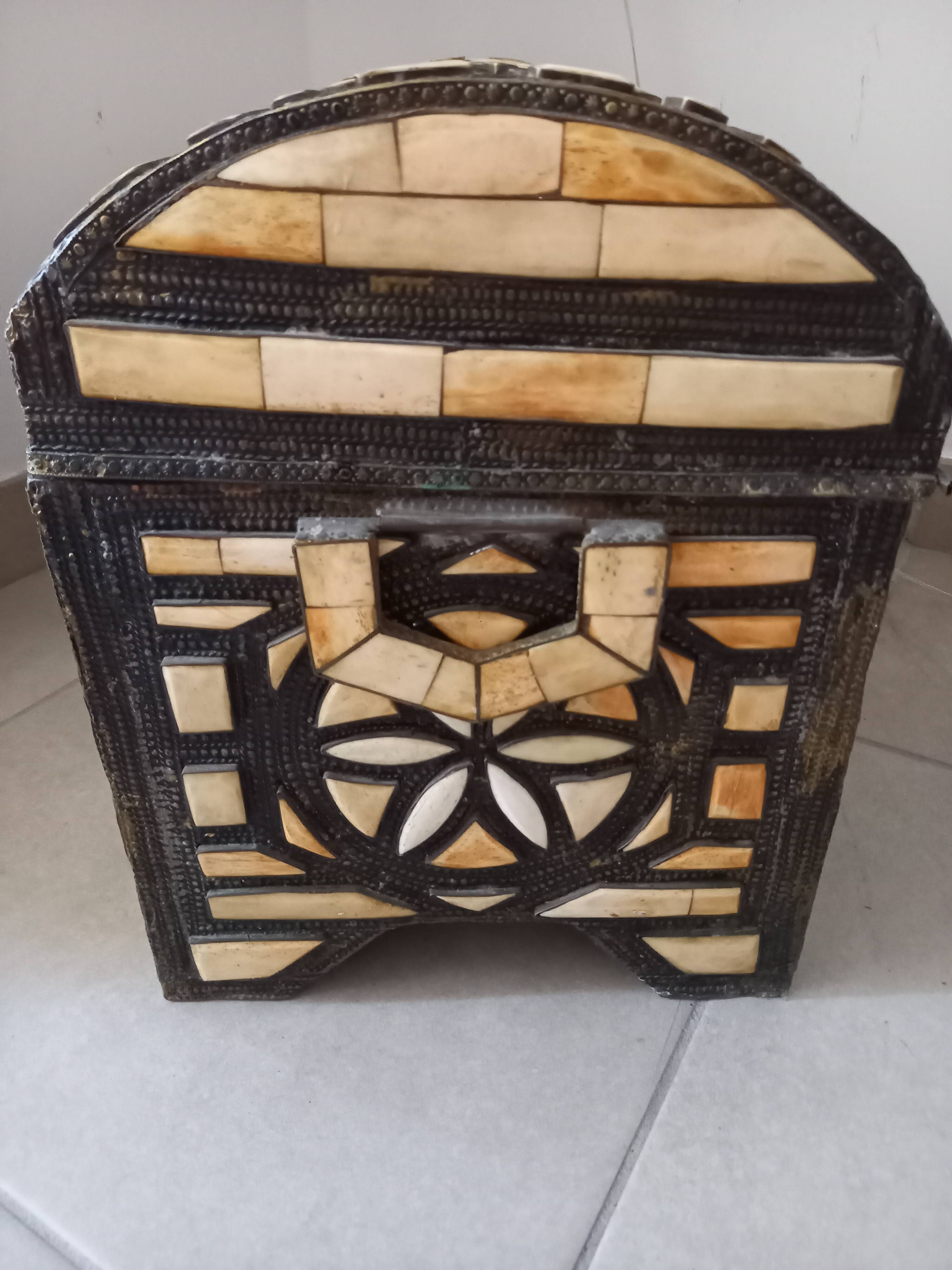 Handcrafted chest made of brass and camel bone.