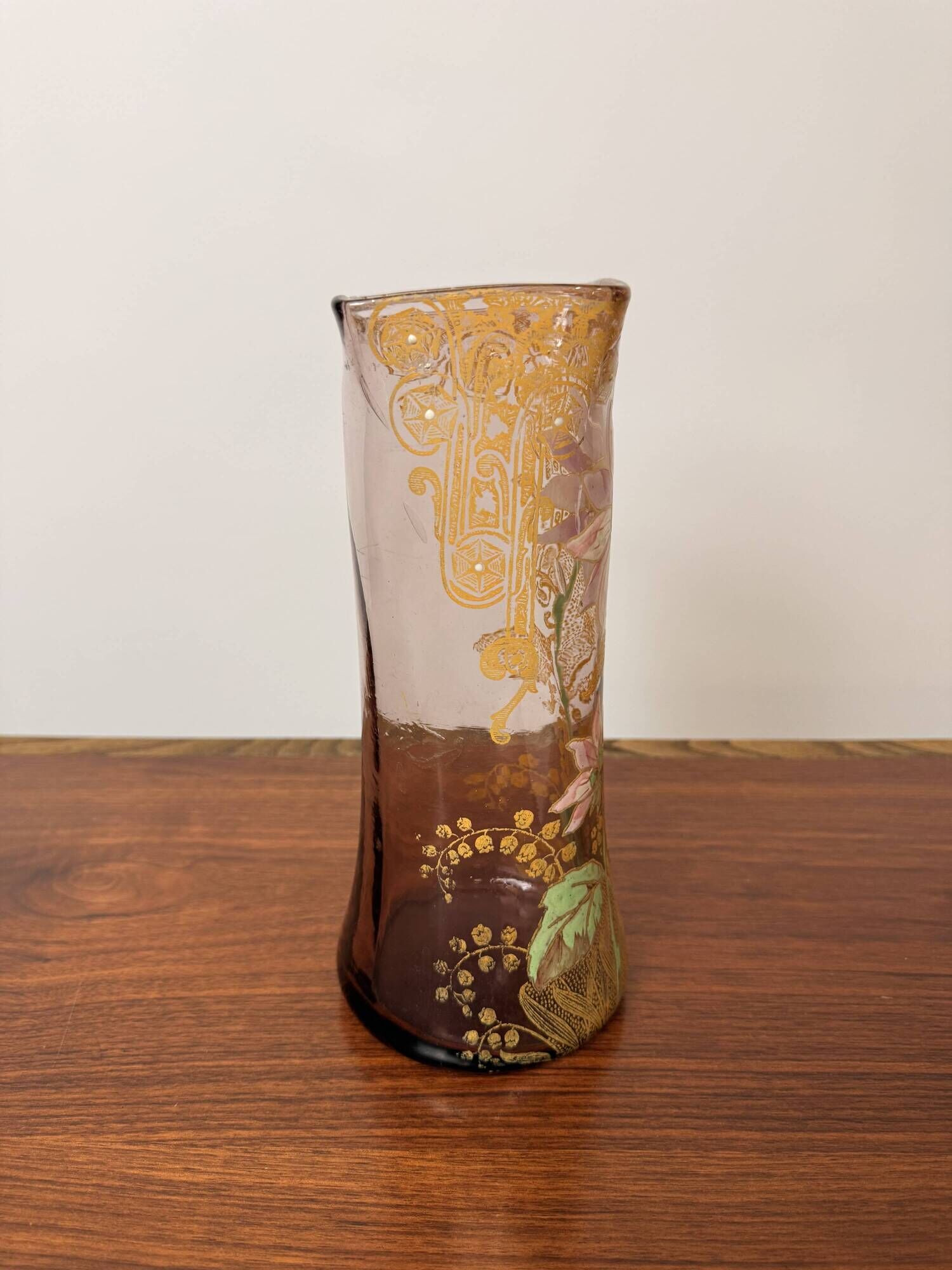 Antique Legras vase – Brown smoked glass with gilded floral enamel – Art Nouveau