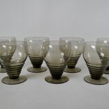 Set of 7 large art deco design wine glasses in smoked glass from the 30s and 40s