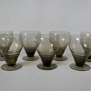 Set of 7 large art deco design wine glasses in smoked glass from the 30s and 40s