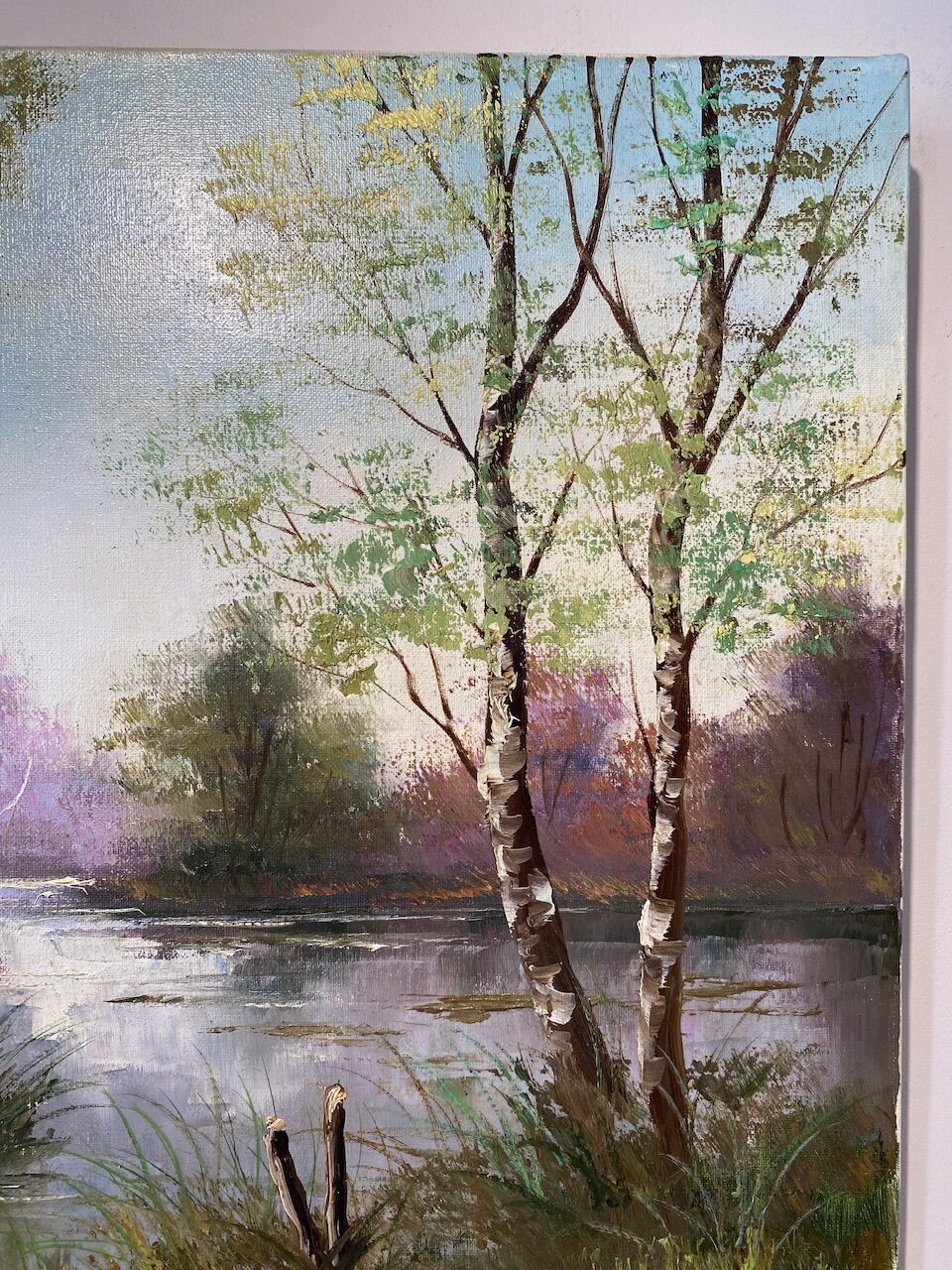 Old painting, landscape at the pond, signed Leroux, XX century