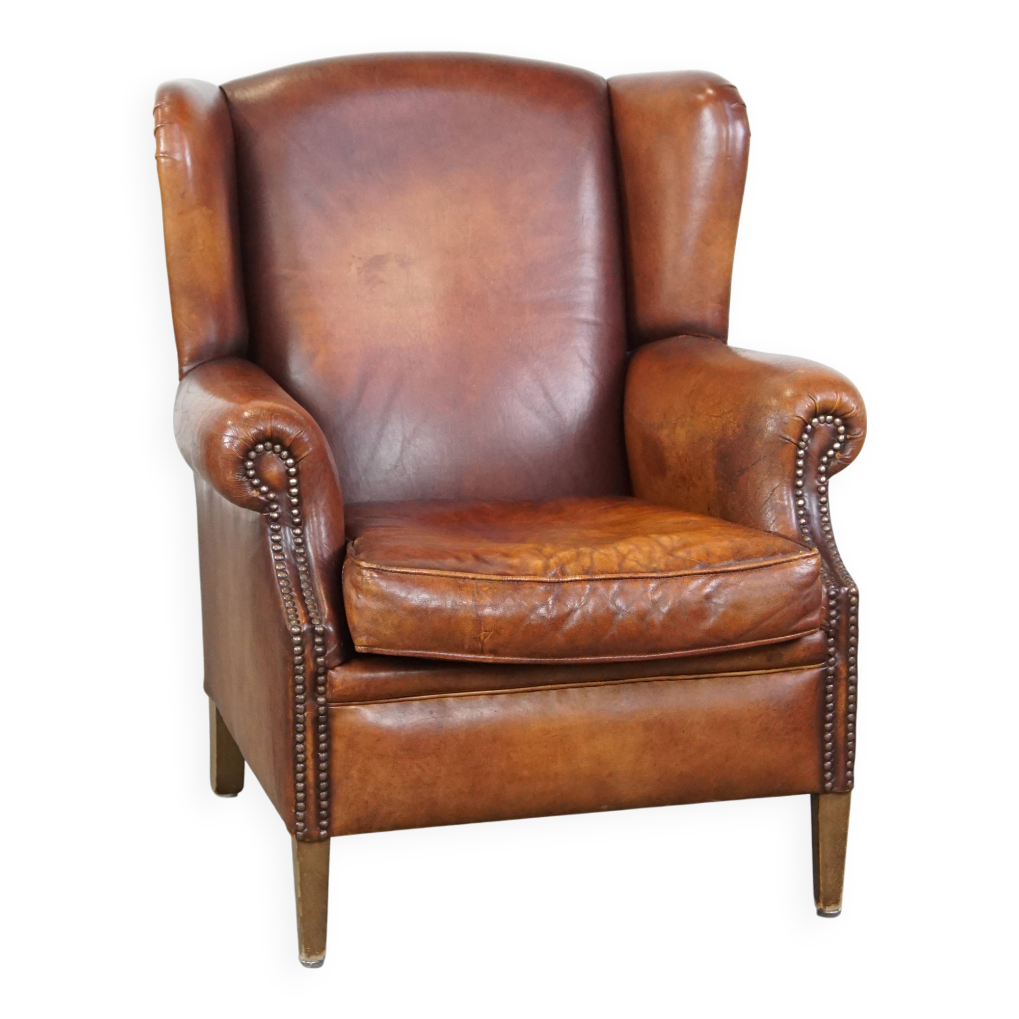 Vintage English-Style Sheepskin Leather Wingback Armchair