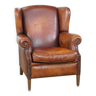 Fauteuil à oreilles en cuir de mouton de style anglais vintage