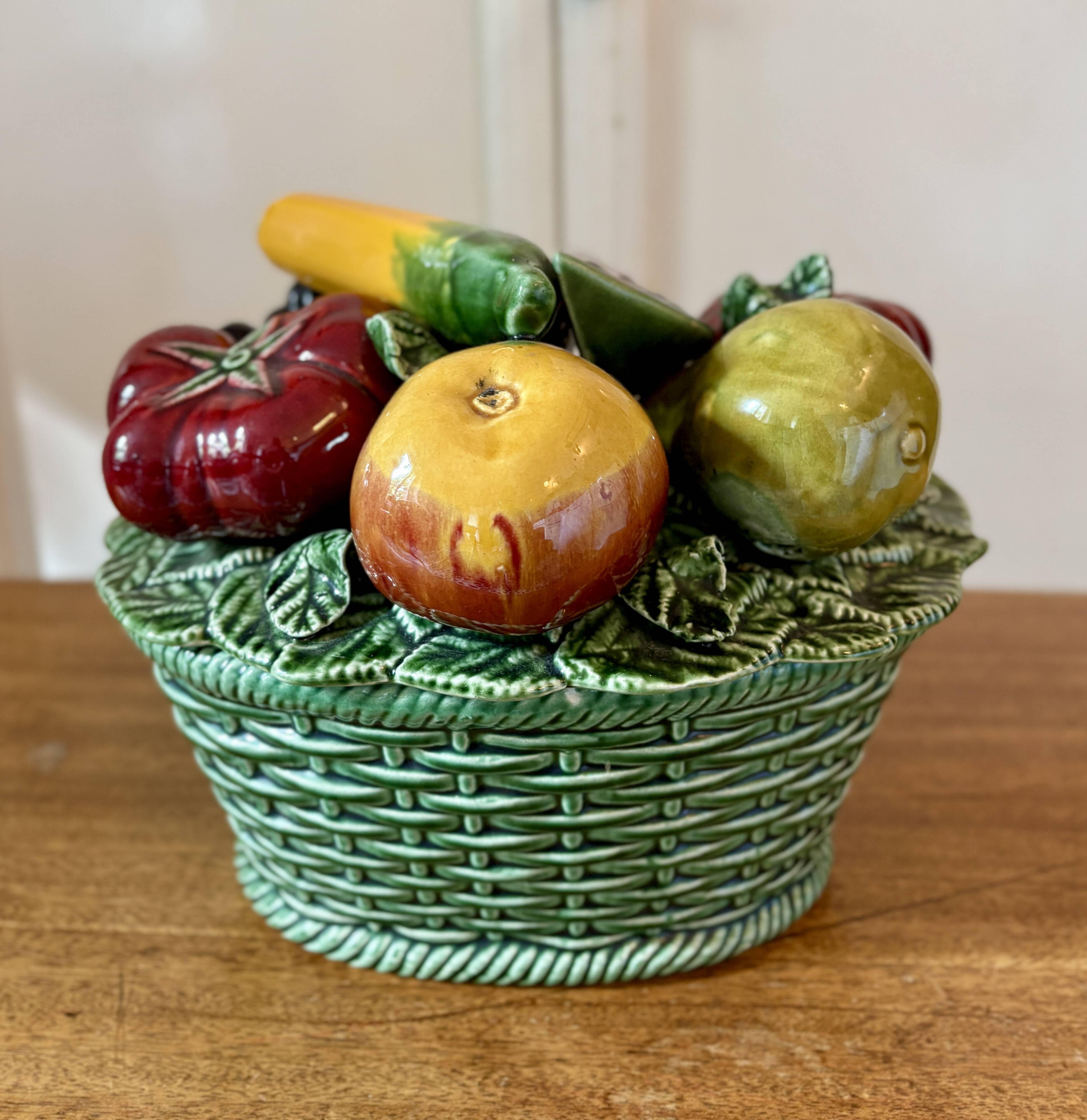 Vintage barbotine dish with fruit decorations