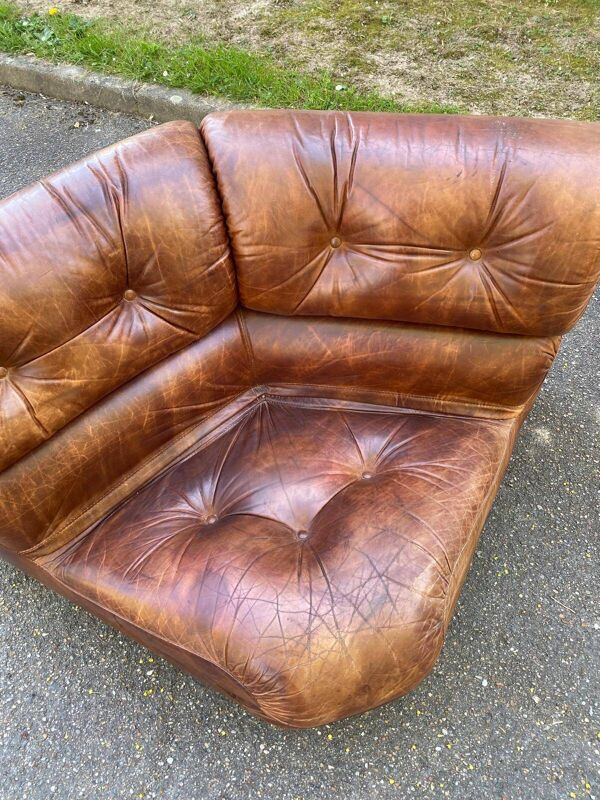 Canapé modulaire en cuir marron de cognac Italie 1970