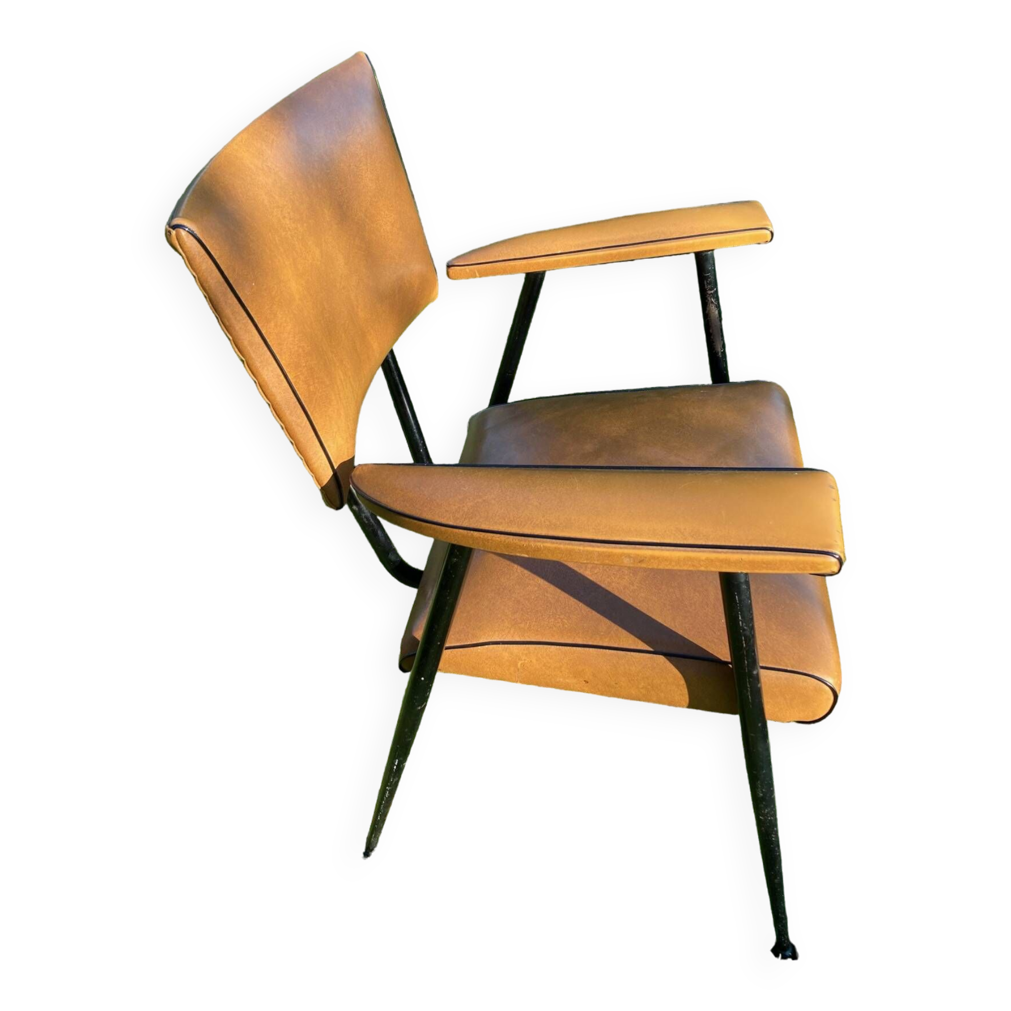 Rare light brown leatherette armchair, by "Colette Gueden", designer from the 50s