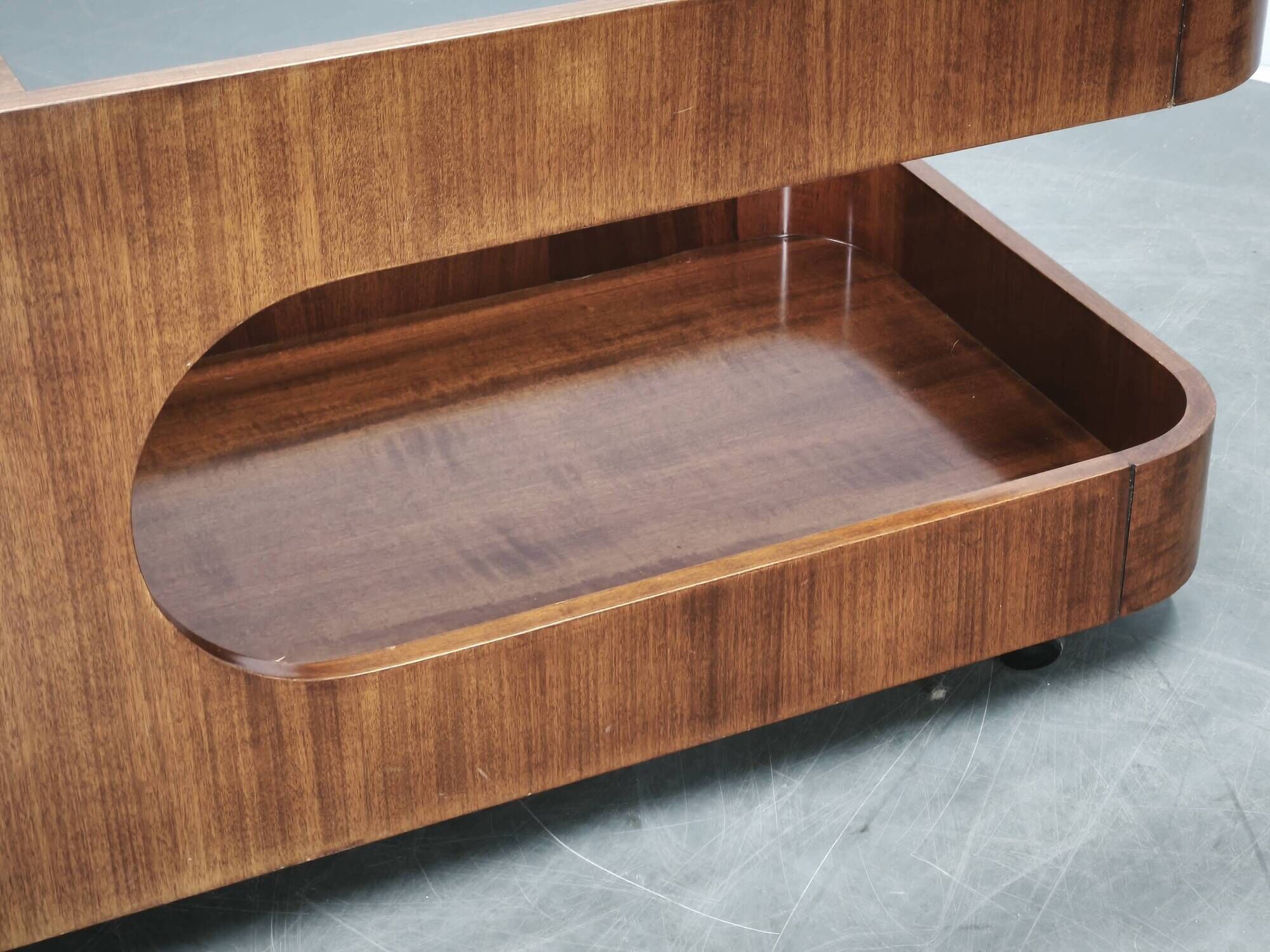 1970s Italian Modernist Wood and Smoked Glass Bar Cart