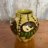 Antique yellow enameled terracotta vase painted decor made in france vintage