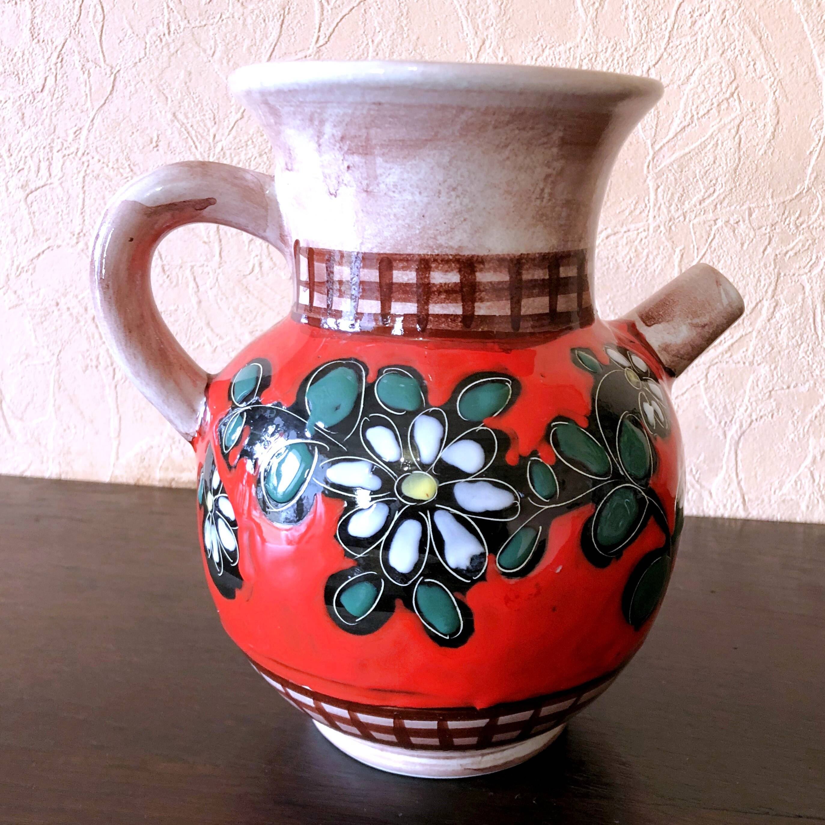 Carafe, jug, chevrette, artisanal, ceramic with floral decoration