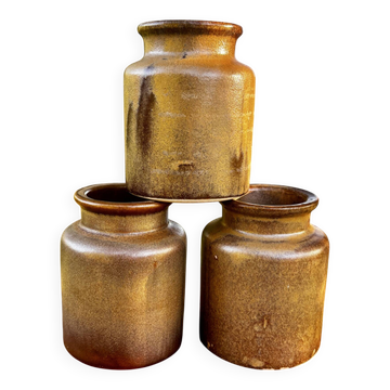 Set of 3 vintage glazed stoneware pots (flowers, utensils)