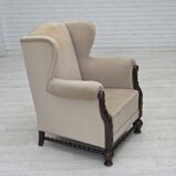1960s, Danish wingback armchair, furniture velour, carved oak wood.