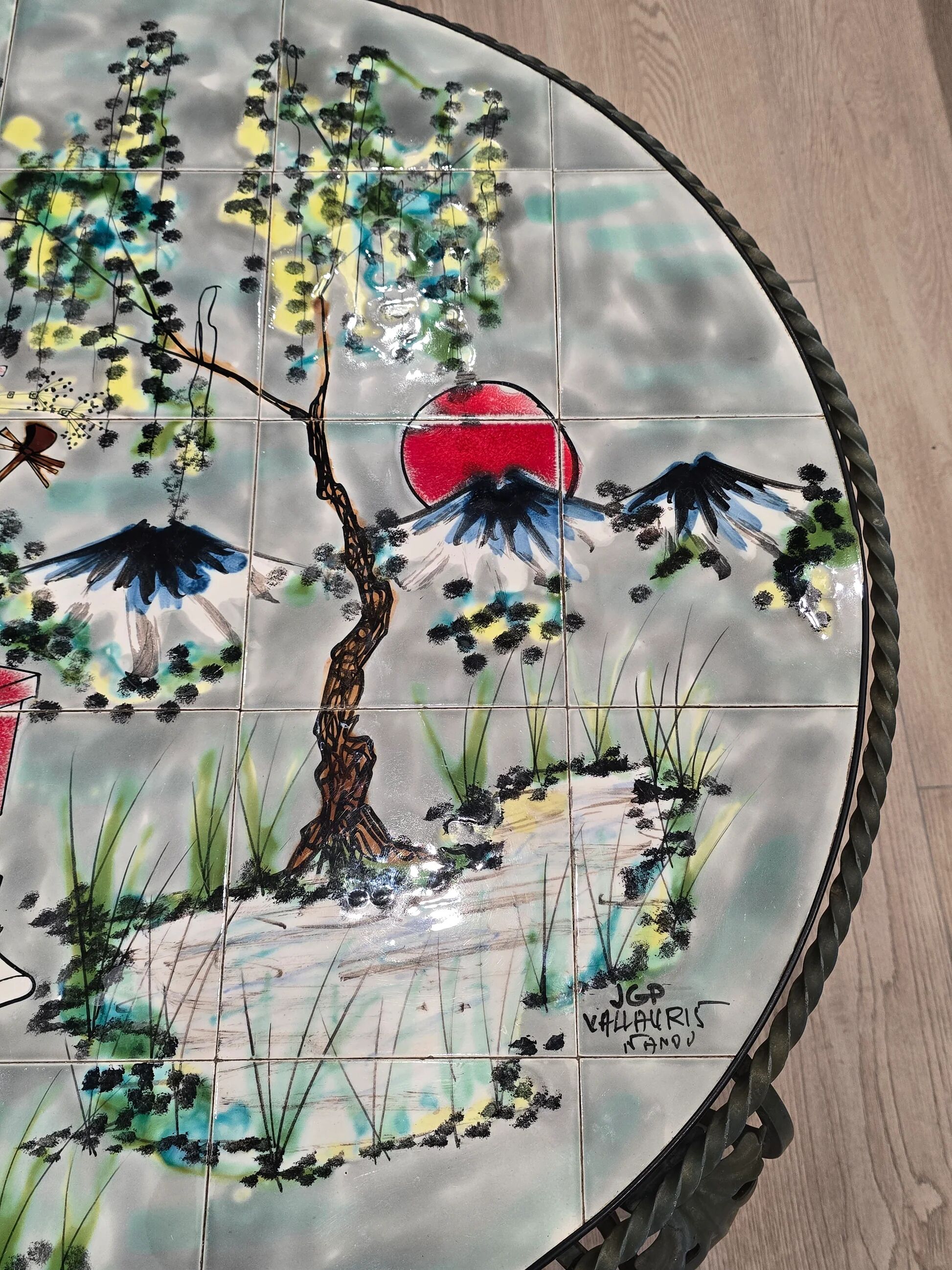 Vintage coffee table J&G Picard Vallauris – Glazed ceramic top with Japonese-style decoration