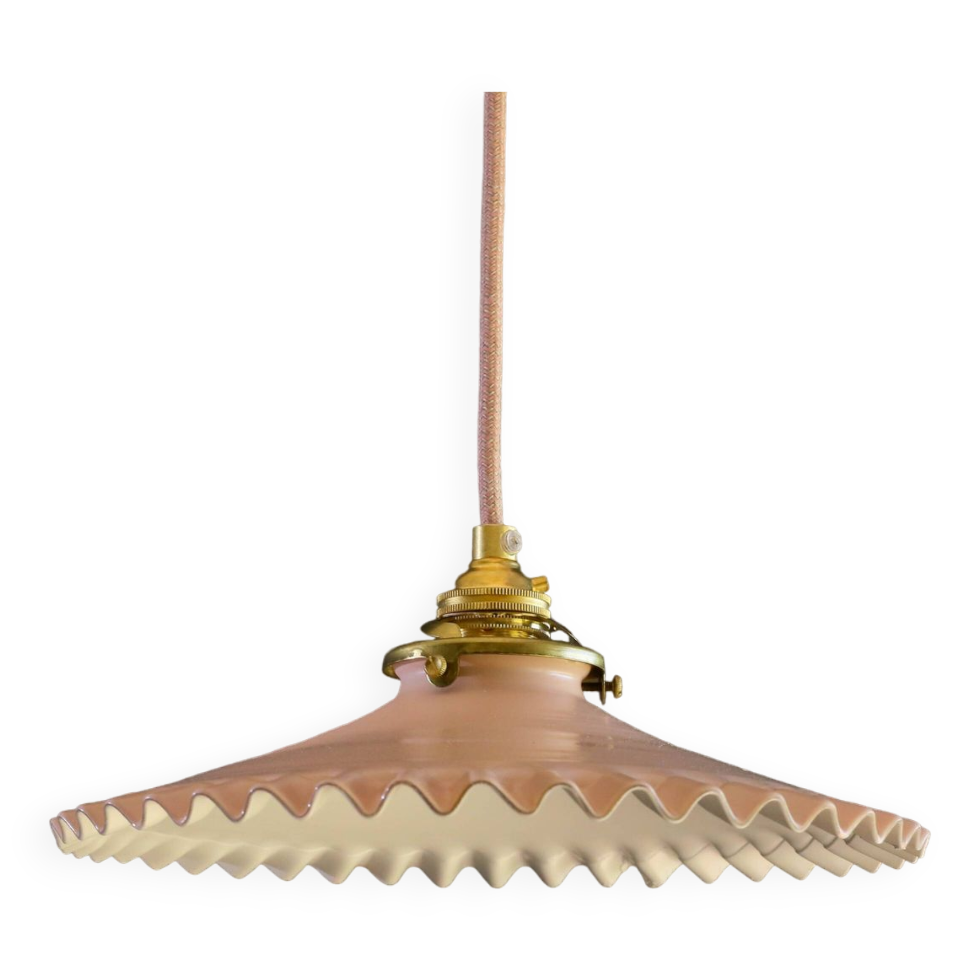 Opaline pendant light in pink and white painted glass, delivered with new cable and socket