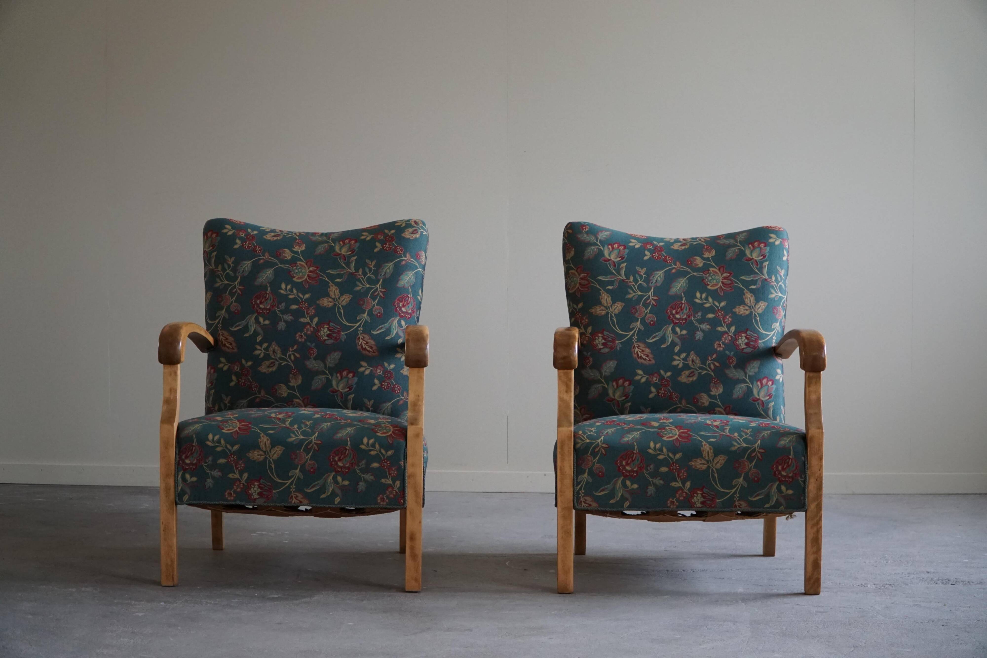 Danish mid-century modern, pair of beech armchairs with original fabric, 1960s.