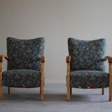 Danish mid-century modern, pair of beech armchairs with original fabric, 1960s.
