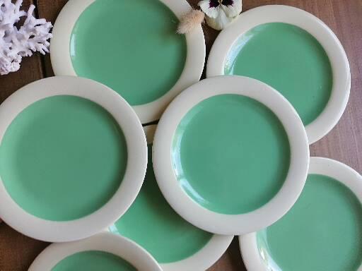 8 plates in earthenware of Salins, mint green and pale yellow vintage 60s / vintage dishes summer