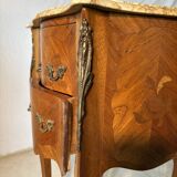 Small curved Louis XV style piece of furniture – marquetry and marble top