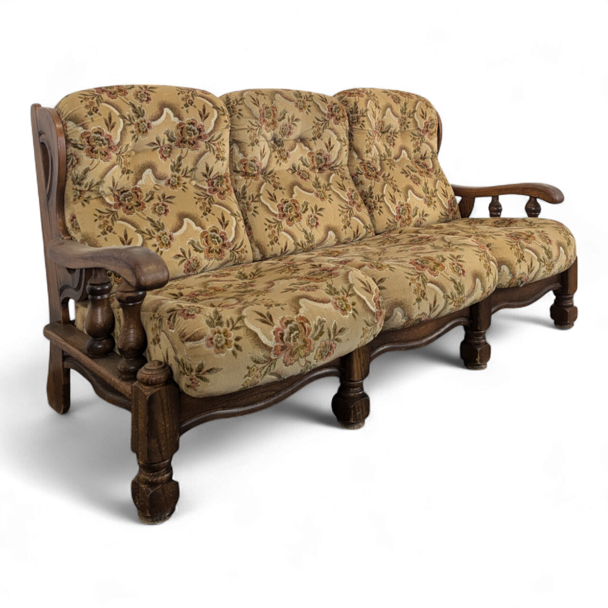 Rustic solid oak sofa with floral decoration