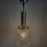 Lampe à suspension vintage avec capuchon en verre et relief, Chrome afwerking, jaren 60