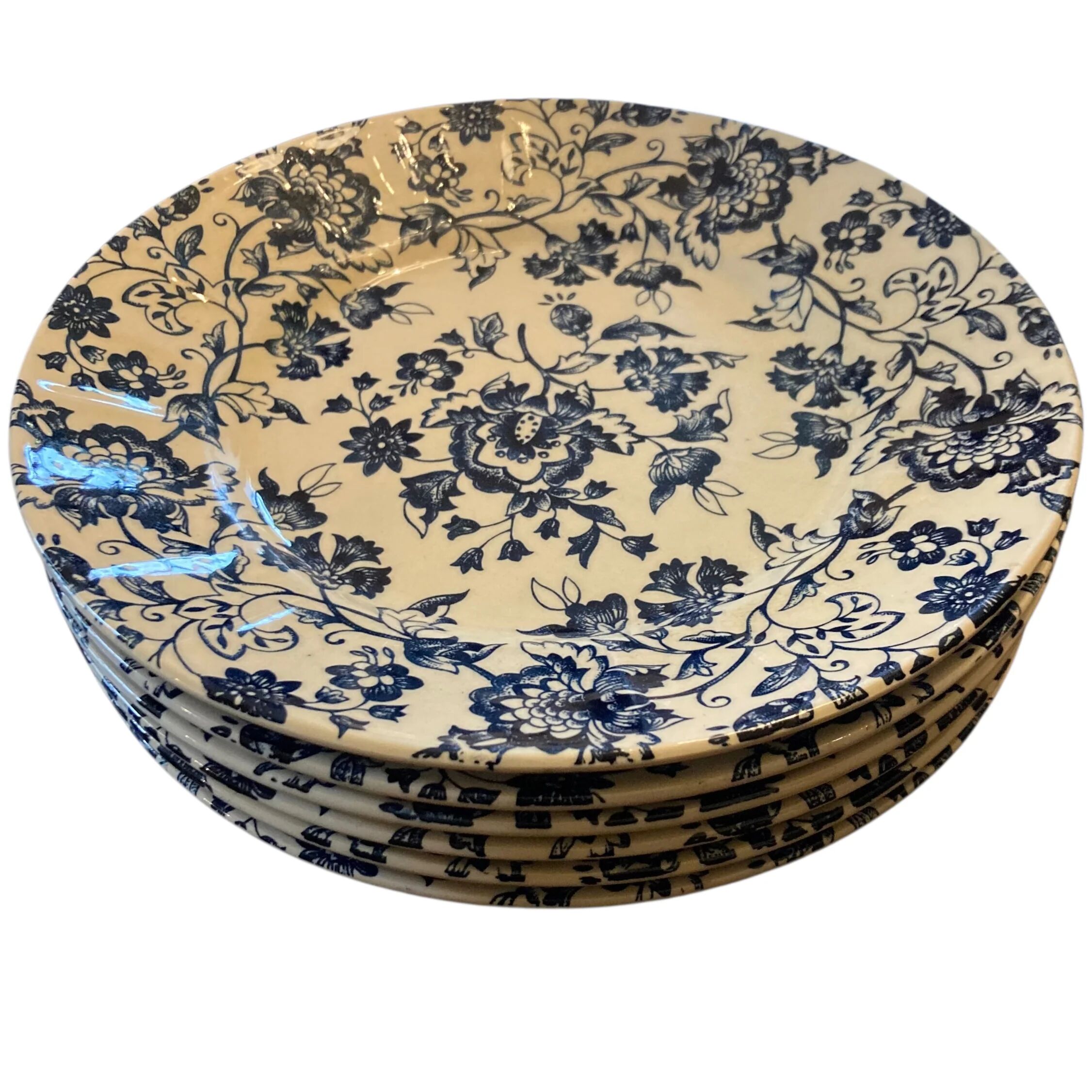 6 antique flat plates in earthenware with blue flower decoration.