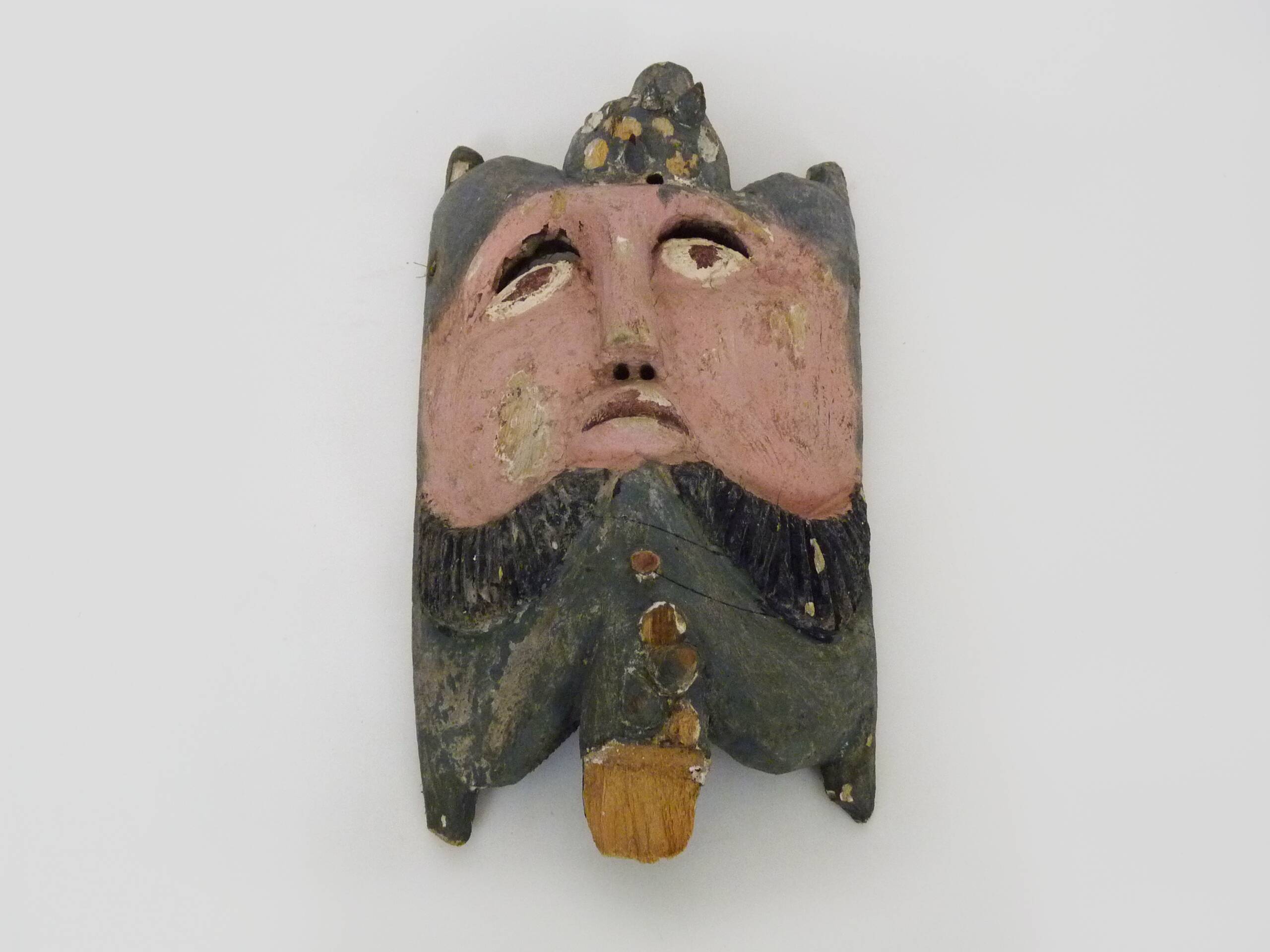 Ancien masque mexicain en bois sculpté polychrome. Années 50