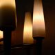 Scandinavian mid-century chandelier, teak, brass, opaline glass, 8 arms, 1950-1960.