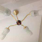 Four-burner chandelier in brass and two-tone glass Scandinavian style / vintage 60s-70s