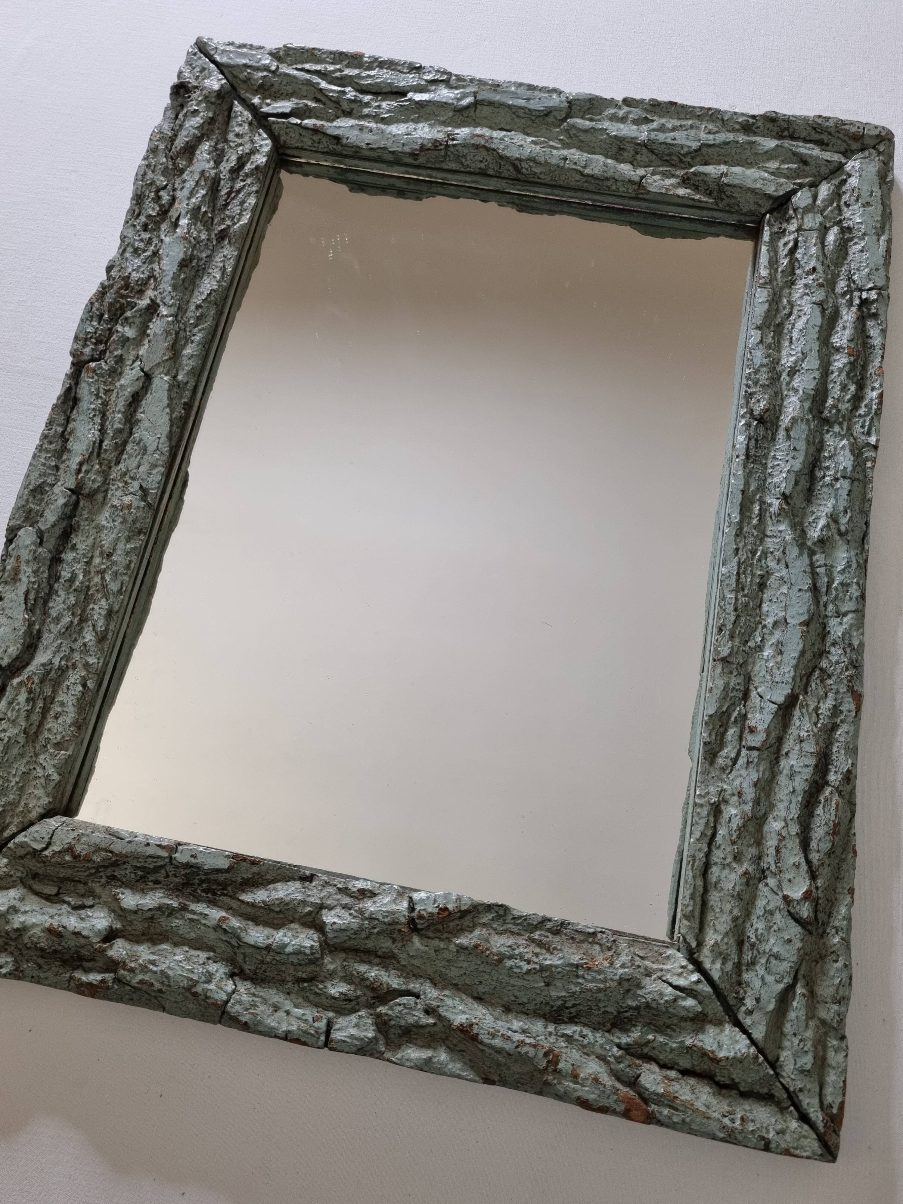 Old mirror, wooden bark frame with rustic patina, 65 cm by 50 cm