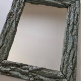 Old mirror, wooden bark frame with rustic patina, 65 cm by 50 cm