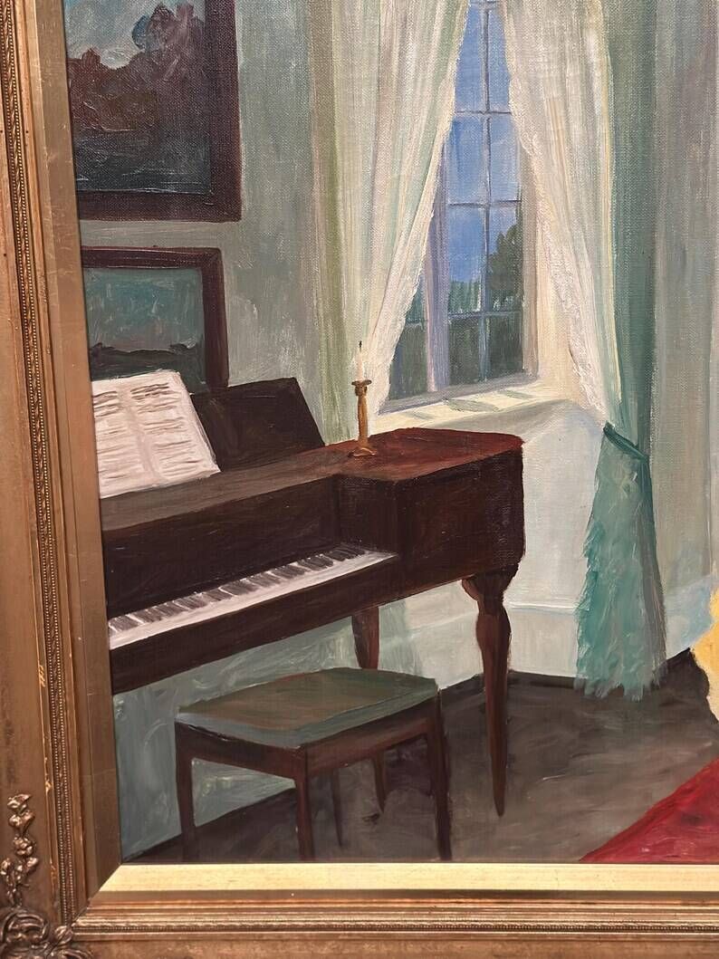 Large Original Swedish Oil on Canvas – “Interior with Reading Woman” by V. Hansen – Signed – Vintage & Framed