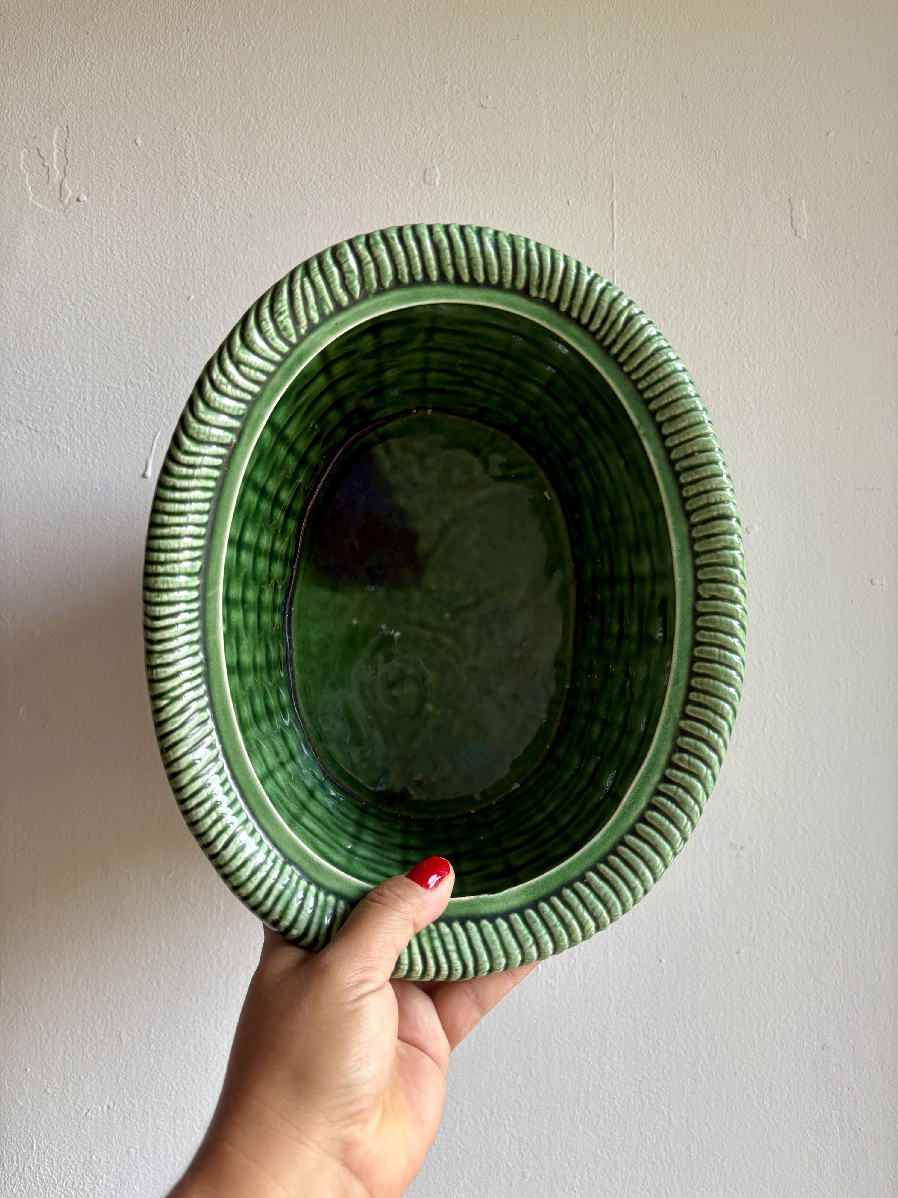 Vintage barbotine dish with fruit decorations