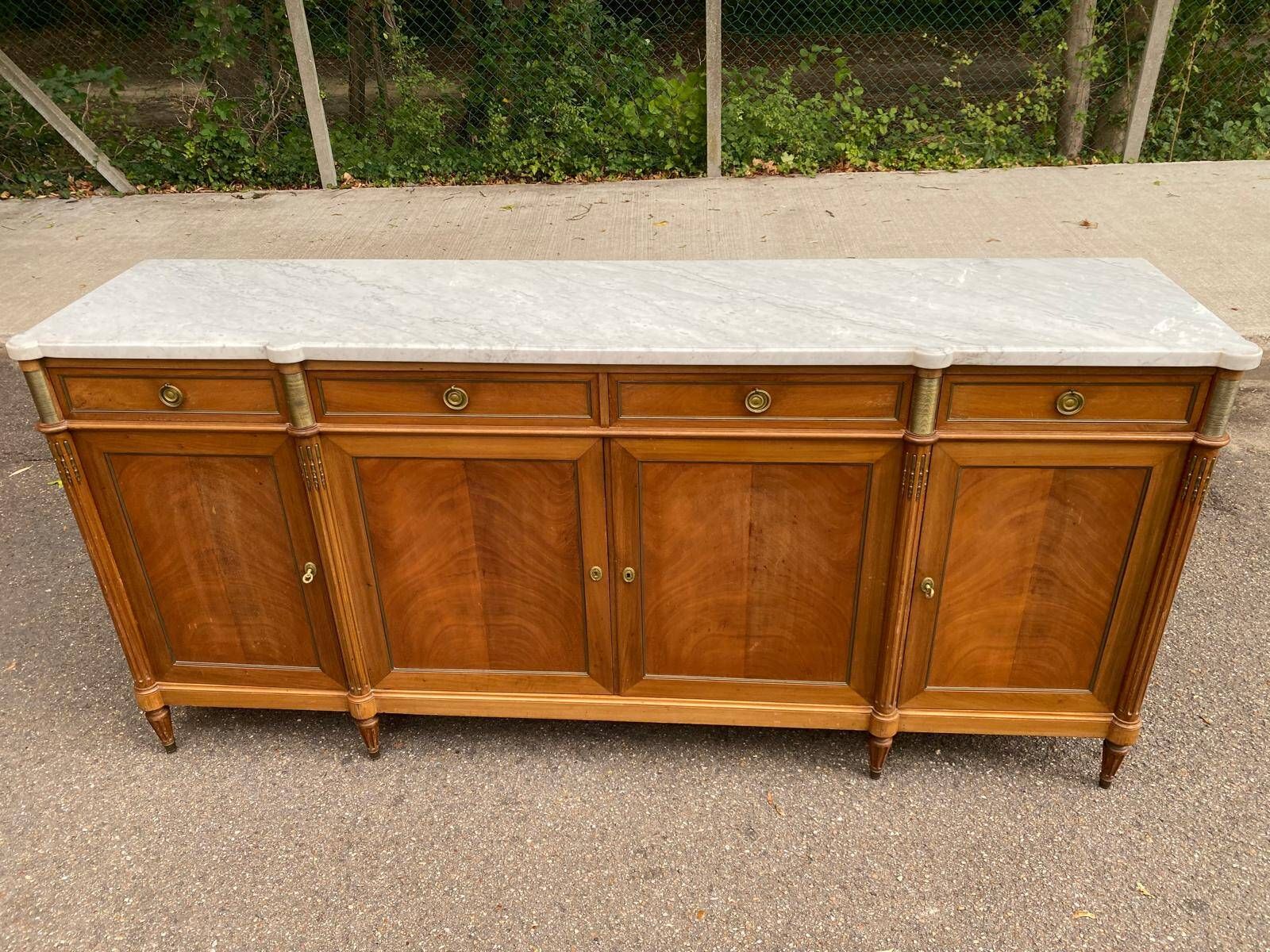 Louis XVI sideboard in solid mahogany with a white marble top, 222cm, 1950.
