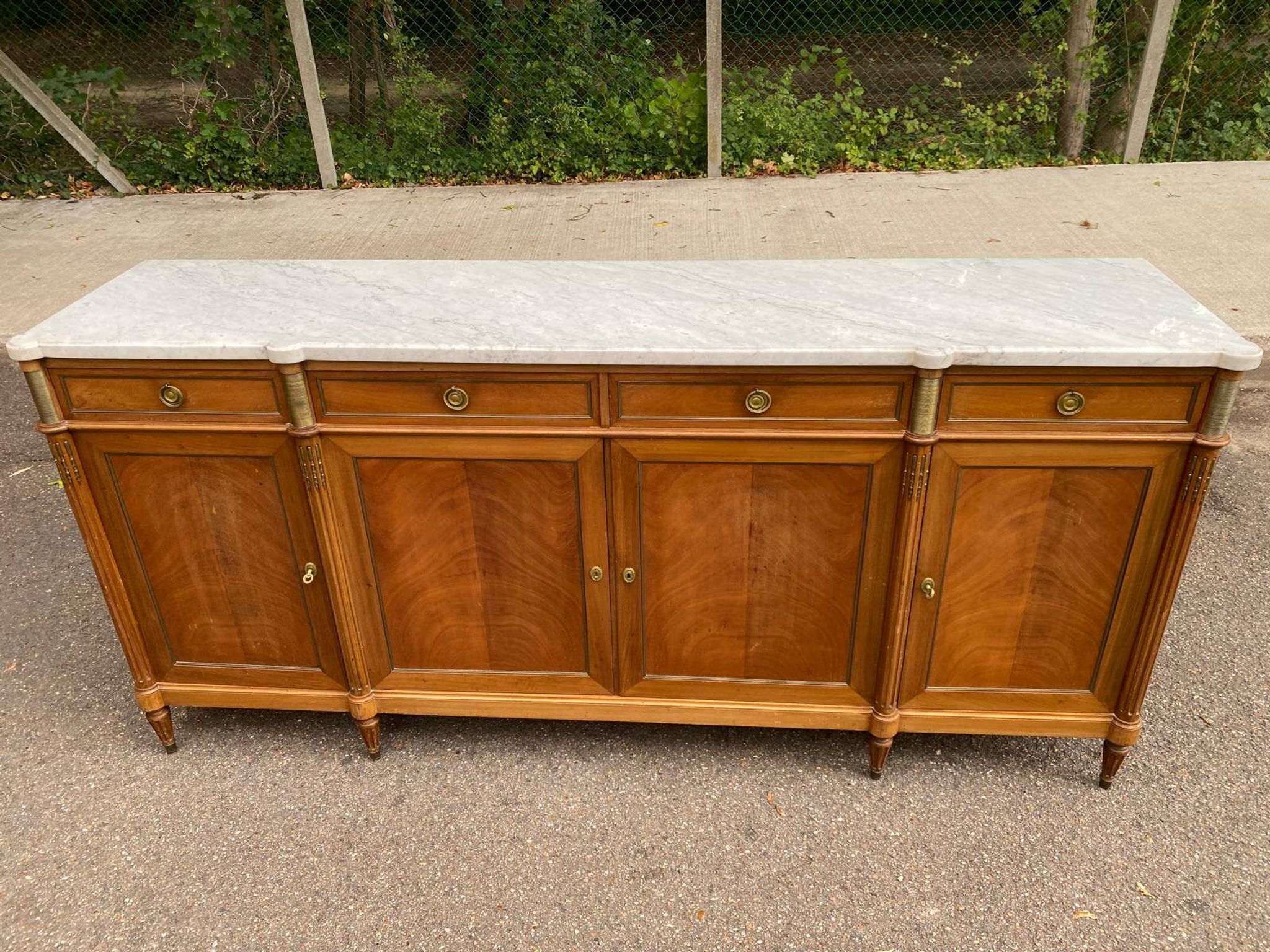 Louis XVI sideboard in solid mahogany with a white marble top, 222cm, 1950.