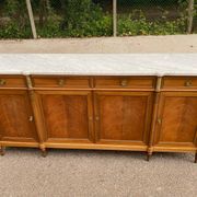 Louis XVI sideboard in solid mahogany with a white marble top, 222cm, 1950.