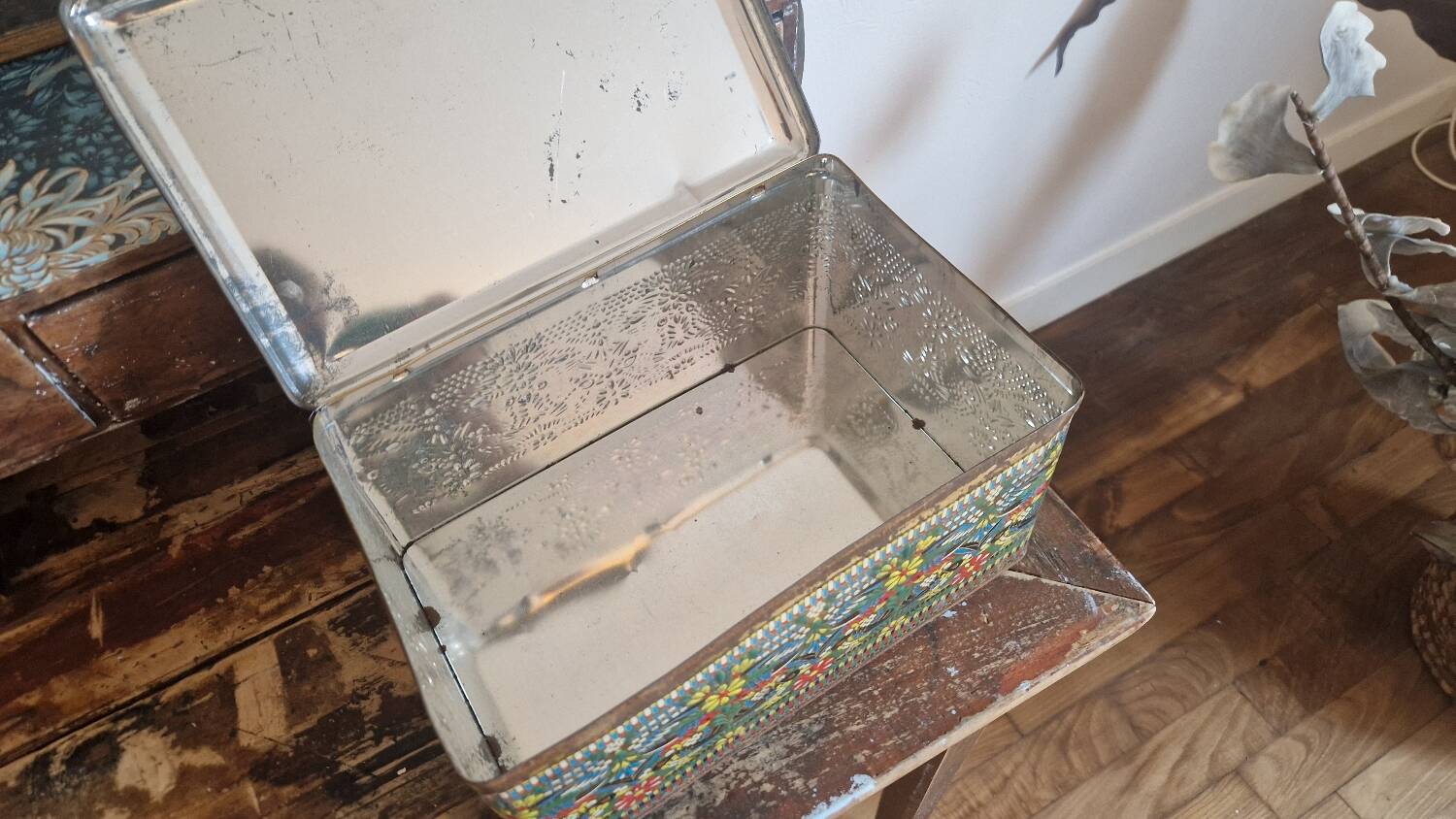 Large old mosaic metal box