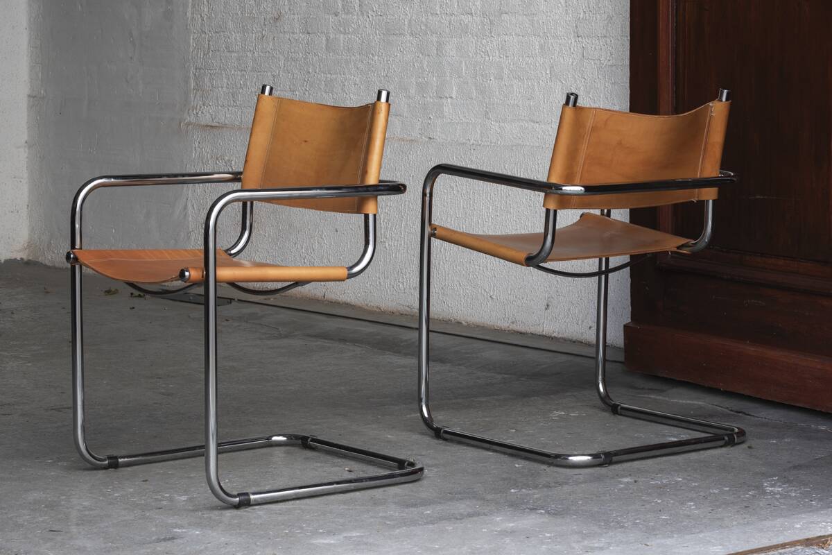 Set of 4 tubular dining chairs in Bauhaus style, in the manner of Marcel Breuer, 1970s