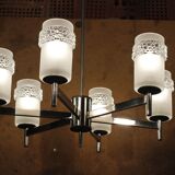Chandelier space age 6 lights in chrome & glass molded by Hillebrand Lighting, 1960s