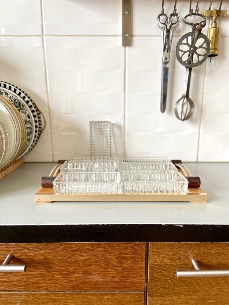 Wooden top and mirror and 8 glass ramekins