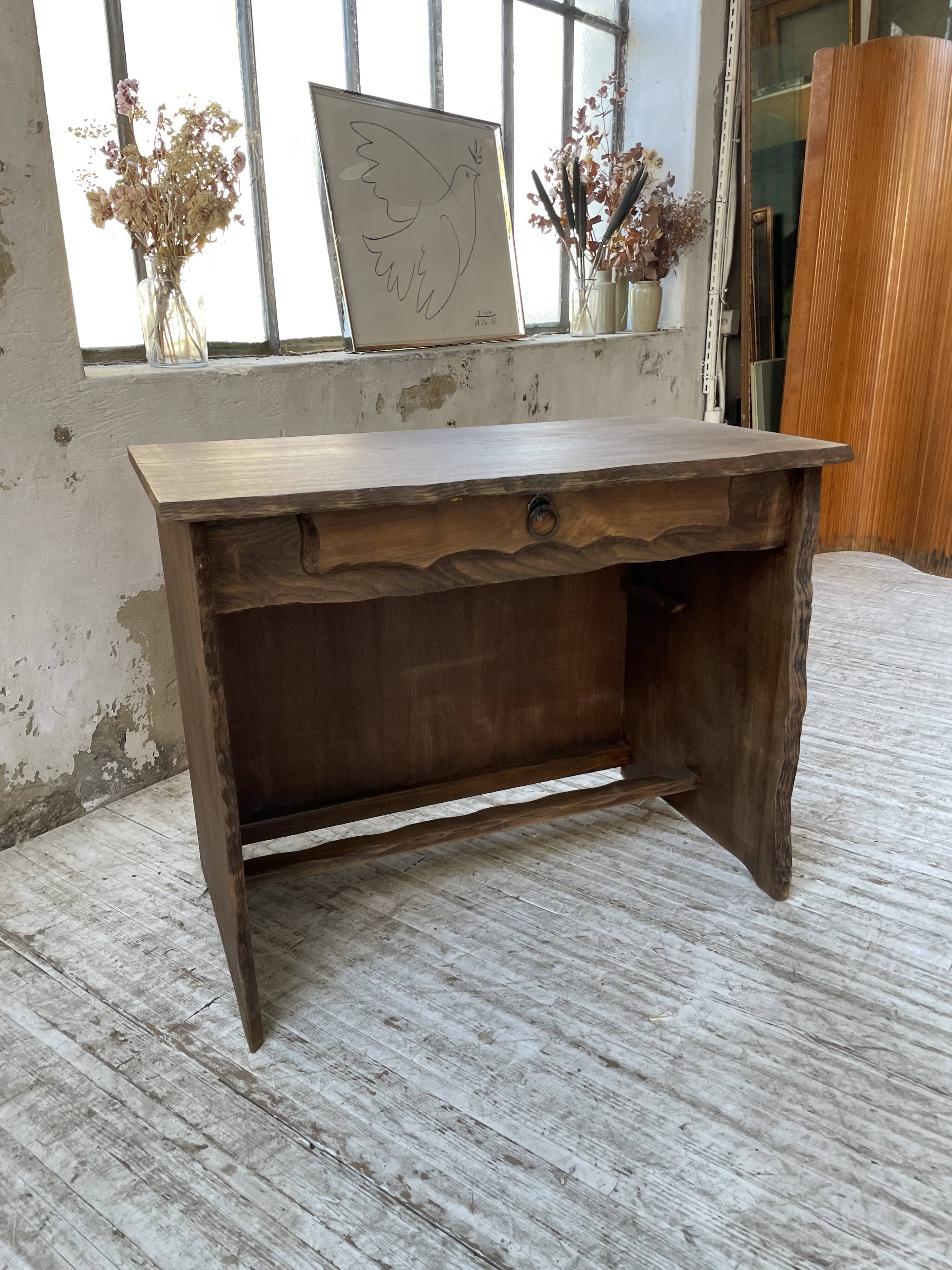 Brutalist desk in elm, signed Aranjou.