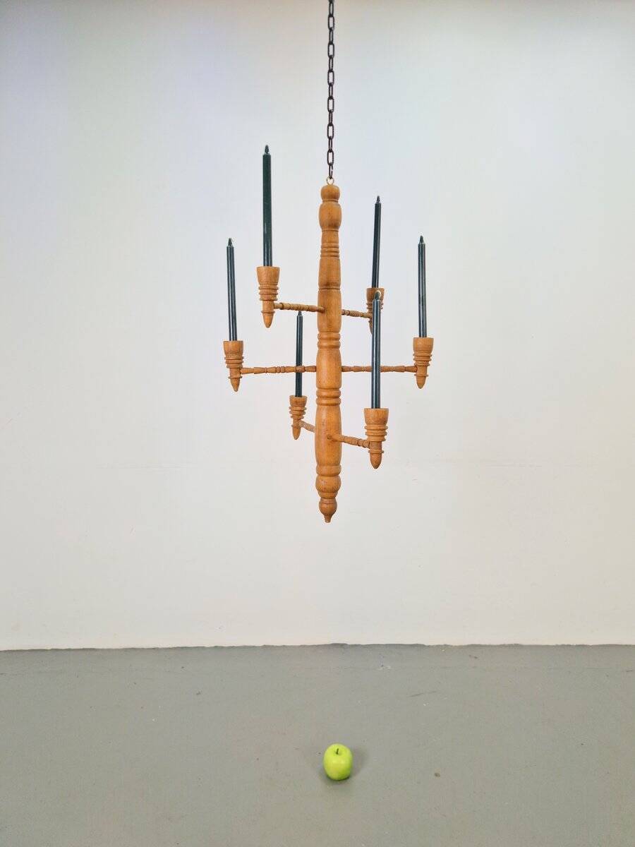 Brutalist Twisted Spool Candle Chandelier in Wood, 1960s