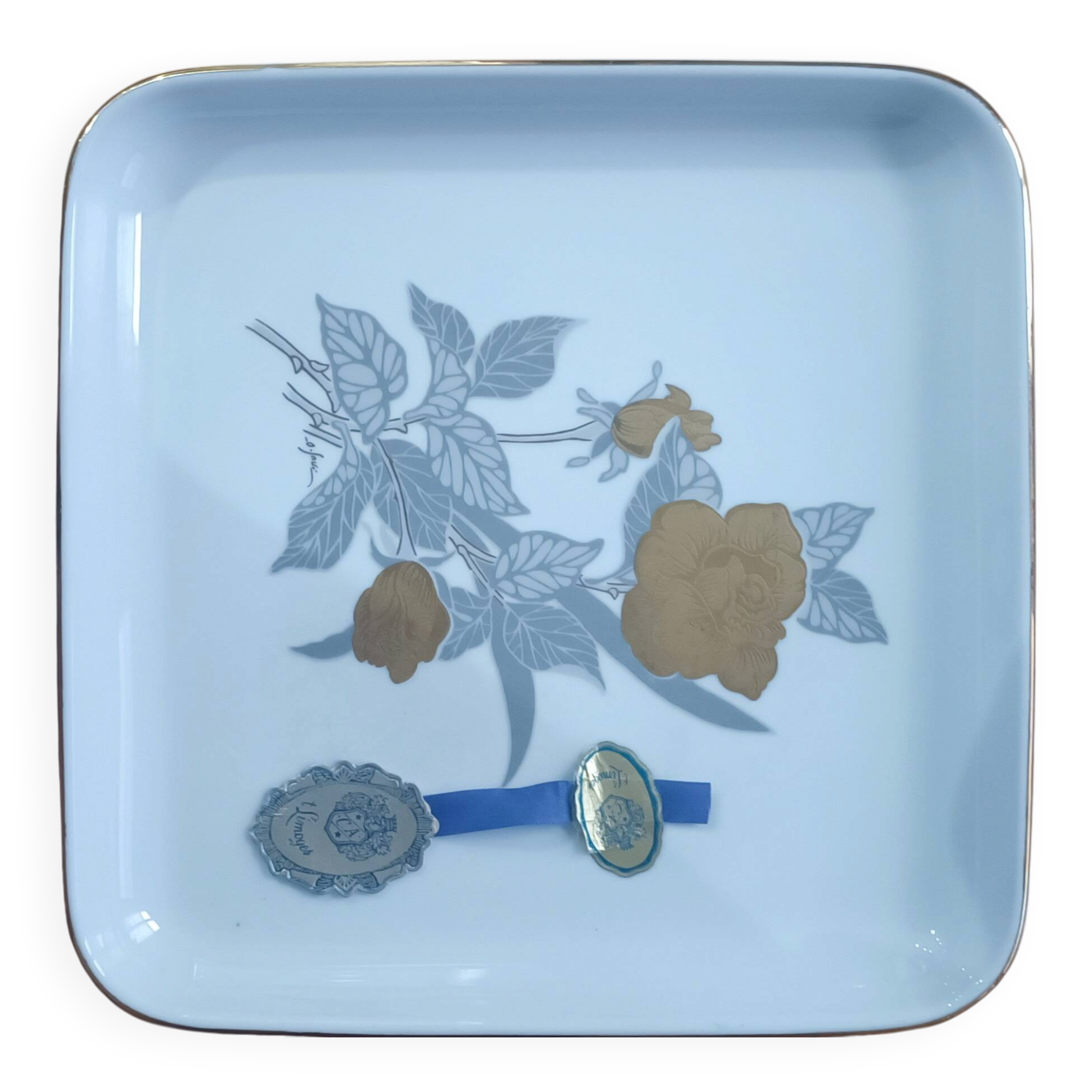 Vintage square plate signed in porcelain T. Limoges 20x20 Original new condition