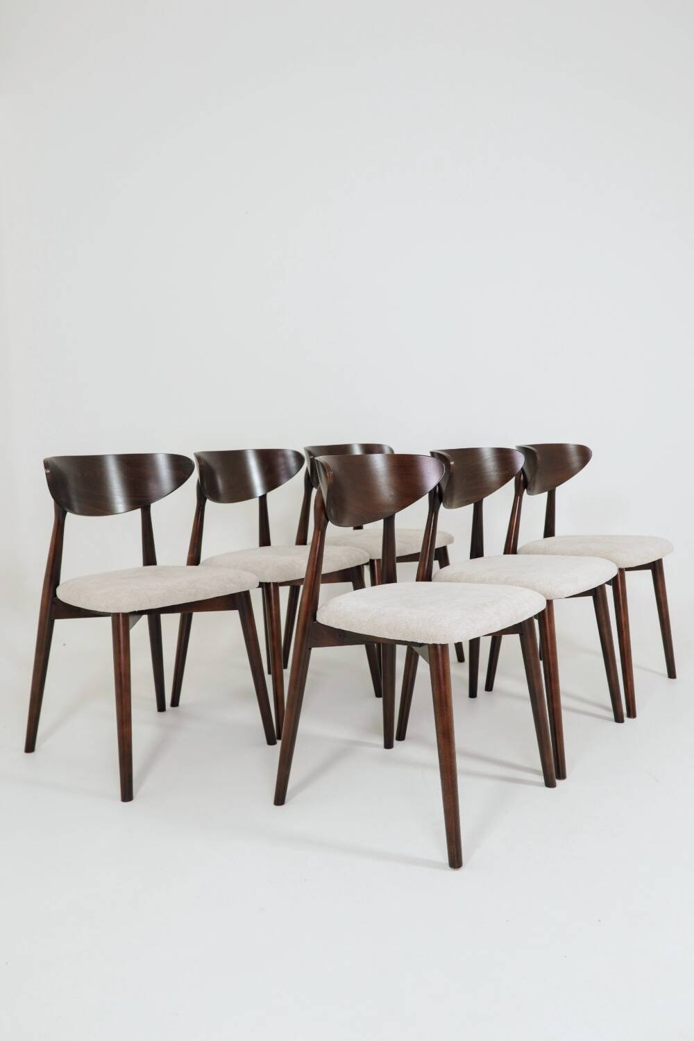 Modern Set of 6 Dining Chairs, Ecru Farbic and Dark walnut beech wood